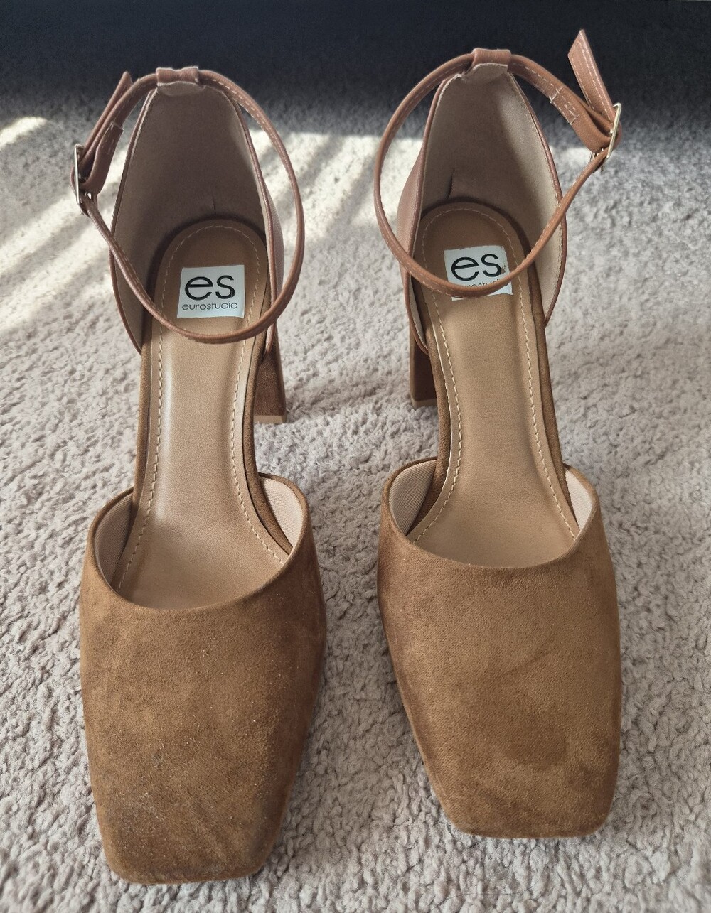 Eurostudio Brown Suede Block Heel Ankle-Strap Pumps